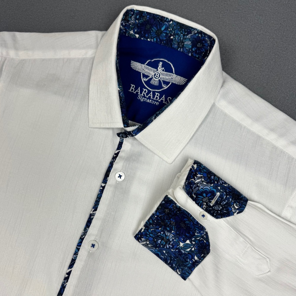 Barabas Signature Dress Shirt Blue Floral Trim Mens‎ White Luxury Designer